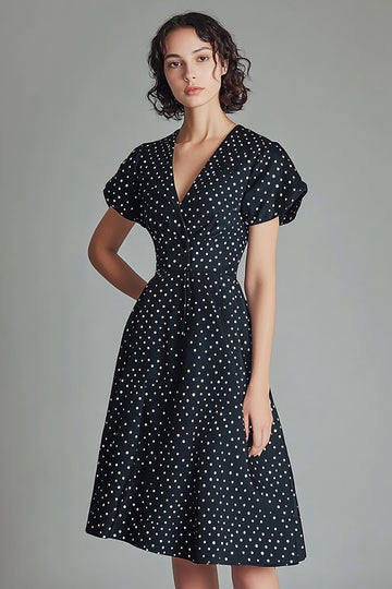 Black White Polka Dot Knee Length Graduation Dress with Short Sleeves